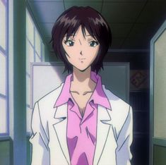 an anime character in a pink shirt and white blazer looking at the camera with her hands on her hips