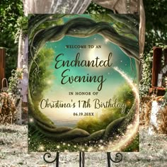 a sign that says, welcome to an enchanted evening in honor of christmas's 11th birthday