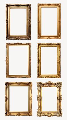 four gold frames with ornate designs on each one side and the other half in different sizes