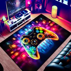 a video game controller rug in front of a tv