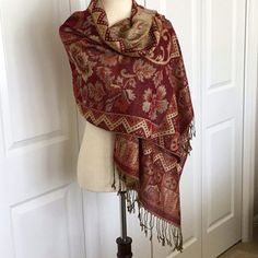 Beautiful, Large Patterned Shawl. Light Weight. Woven With Fringed Ends. Colors Reds And Tans With Gold Threads. Length Without Fringe 68”, Width 27”. Nwot, Never Used. Non Smoker. Buy Any 3 Scarves For A Discount And Get A Free Book “40 Ways To Tie A Scarf” Gold Traditional Pashmina Shawl, Bohemian Red Pashmina Shawl With Motifs, Gold Bohemian Pashmina Shawl, Traditional Gold Pashmina Scarf, Red Pashmina Bohemian Scarf, Ways To Tie A Scarf, Gold Shawl, Sparkly Scarf, Alexander Mcqueen Skull Scarf