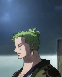 an anime character with green hair and piercings on his head looking off into the distance