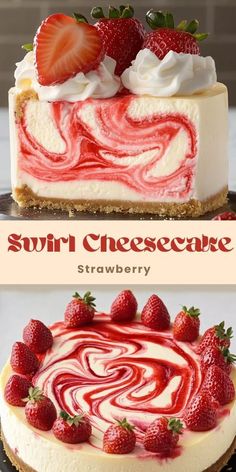 Strawberry Swirl Cheesecake Ingredients: For the Graham Cracker Crust: 1 1/2 cups graham cracker crumbs 1/3 cup melted butter 1/4 cup sugar For the Cheesecake Filling: 4 packages (32 oz) cream cheese, softened 1 1/4 cups sugar 1 teaspoon vanilla extract 4 large eggs 1 cup sour cream #Strawberry #Swirl Raspberry Swirl Cheesecake Recipes, Fresh Strawberry Cheesecake Recipe, Strawberry Swirl Cheesecake Recipe, Baked Strawberry Cheesecake, Fruity Cheesecake Recipes, Cheesecake Recipes Strawberry, Strawberry Cheesecake Topping, Strawberry Cheesecake Recipes