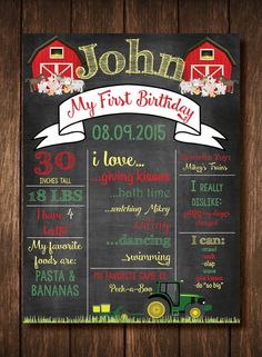 a chalkboard sign that says john's first birthday with farm animals on it