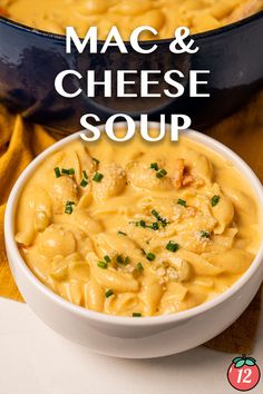 mac and cheese soup in a white bowl