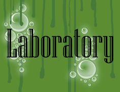 the word laboratory on a green background with drops of water and bubbles in black ink