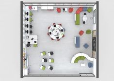 an overhead view of a room with tables, chairs and couches on the floor