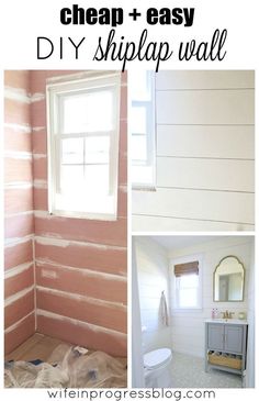 three pictures with the words cheap and easy diy shiplap wall on them