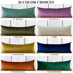 six different colors of pillows with the text, 20 color choices