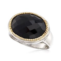 Ross-Simons - Black Onyx Ring in Sterling Silver with 14kt Yellow Gold. Size 9. Wow-factor: Off the charts. This two-tone black onyx ring proves it doesn't need to dazzle to be dazzling. Together, checkerboard-style cuts and rope trim, in 14kt yellow gold, exude sophisticated dimension. Set in sterling silver, say hello to your new favorite ring. 1/2" wide. Black onyx two-tone ring. Black Onyx Ring, Onyx Ring, Favorite Rings, Black Onyx, Onyx, Two Tone, Fine Jewelry, Size 7, Yellow Gold