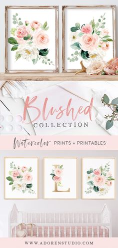 the blushed collection watercolor prints and printables are displayed in front of a crib