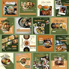 a series of brochures with different food items on them, all in green and orange colors