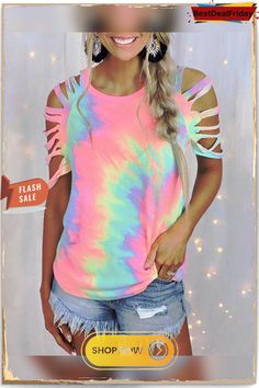 Tie Dye Print Cutout Short Sleeve T Shirt P2505978183 Estilo Hippy, Loose Clothing, Casual Tie, Short Sleeve Shirt Women, Womens Tops Summer