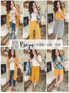 Easy Outfit Recipe: Mustard + White + Denim - Cotton Stem Colors That Go With Yellow Clothes, Mustard Capsule Wardrobe, Outfit Recipes, Outfit Recipe, Butter Yellow Fall Outfit, Fall Outfits Mustard Yellow, Mustard Striped Shirt Outfit, Navy And Mustard Outfits, Mom Fall Outfits 2023