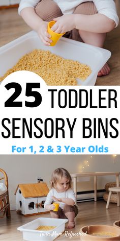 toddler sitting on the floor playing with his toys and eating corn from a bowl