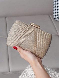 Champagne Glamorous Collar  Glitter Plain Square Bag Embellished   Women Bags Hogwarts Dr, Aesthetic Bags, Embellished Clutch, Vegan Handbags, Evening Purse, Hand Strap