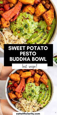 sweet potato and pesto buddha bowl with text overlay