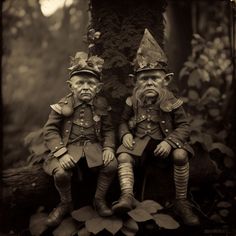 two statues of men sitting next to each other on a tree stump in the woods