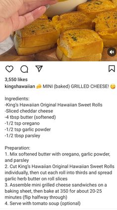 someone is holding up a piece of bread with cheese on it and the recipe below