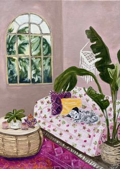 a painting of a room with a table and potted plants in it, next to a window