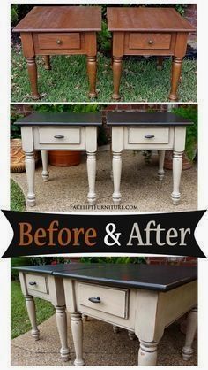 before and after photos of an old table