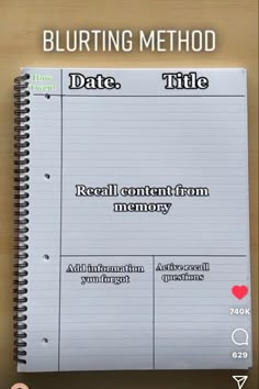 a spiral notebook with the words date, time and real content from memory on it