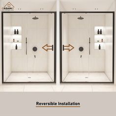 two shower doors with the words reversible installation on them and an arrow pointing towards each other