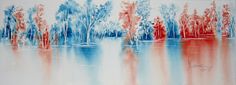 an abstract painting with red, white and blue trees on the water's edge