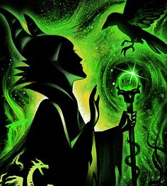 a painting of a wizard holding a staff in front of a green and black background