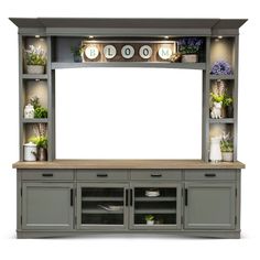 an entertainment center with shelves and plants on the top, in front of a white background