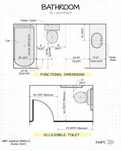 the bathroom floor plan is shown in two different sections, with measurements for each section