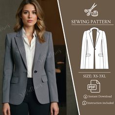 a woman wearing a gray blazer and black pants with the sewing pattern on it