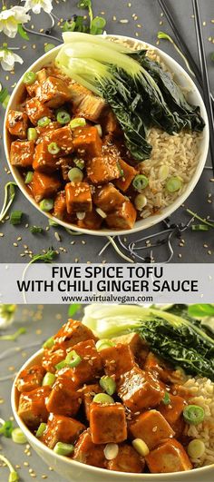 two bowls filled with different types of food on top of each other and the words five spice tofu with ginger sauce