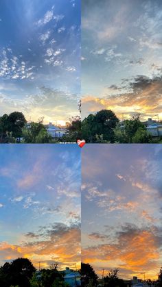 the sky is filled with clouds and some buildings are in the foreground, one has a red heart on it