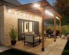 an outdoor living area with patio furniture and string lights on the pergolated roof