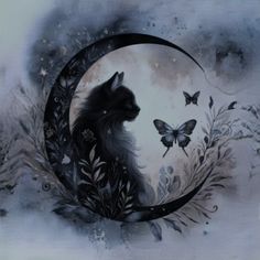 a cat sitting on top of a moon surrounded by butterflies