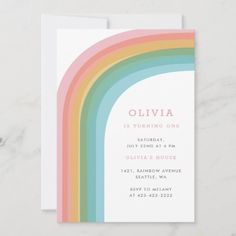 a rainbow birthday party card with the word, it's turning one on top