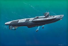 an artist's rendering of a submarine in the water