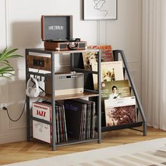 an entertainment center with record players, cds, and other records on it's shelves