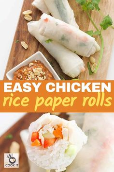 easy chicken rice paper rolls with carrots, celery and peanuts on the side