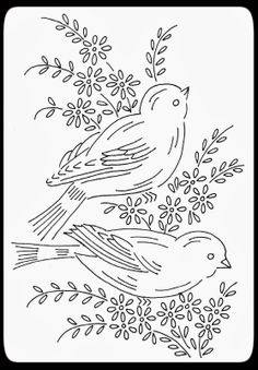 two birds sitting on top of a tree branch with flowers in the background and leaves around them