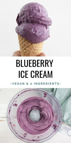 blueberry ice cream in a food processor with text overlay