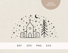 an image of a church with trees and stars in the night sky, as well as text that reads dxf eps png svg