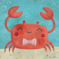 a red crab with a bow tie is sitting in the sand