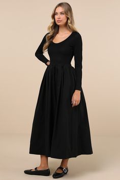 We can't stop thinking about all the cute ways we can style the Sister Jane Prima Ballerina Black Midi Dress With Pockets this season! This classy and simple dress starts with a fitted, ribbed jersey knit bodice with a cute scoop neckline and comfortable long sleeves. The structured poplin skirt boasts a full A-line silhouette, complete with side seam pockets and a chic midi hem. A layer of tulle underneath accents the waist for added volume. Finish with your favorite pair of flats to encapsulate the ballerina-inspired aesthetic! Fit: This garment fits true to size. Length: Mid-calf length. Size uk m/us 6 measures 51.5" from shoulder to hem. Bust: Great for any cup size. Waist: Fitted - stretchy fabric allows custom fit. Hip: Not Fitted - fuller skirt allows room for hips. Undergarments: M Flare Dress Casual, Aesthetic Fit, Poplin Skirt, Midi Dress With Pockets, Prima Ballerina, Black Ballerina, Sister Jane, Inspired Aesthetic, Simple Dress