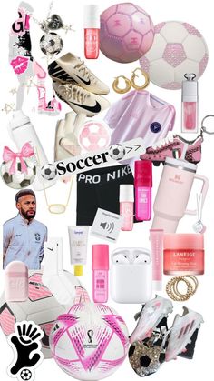 many different items are grouped together to form a collage with the words soccer pro nine on it