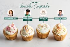 four cupcakes with different toppings on them, labeled the best vanilla cupcake