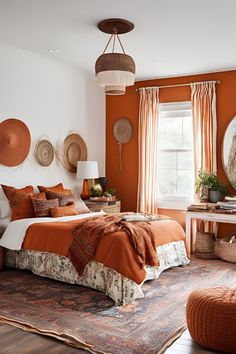 an orange and white bedroom with lots of pillows