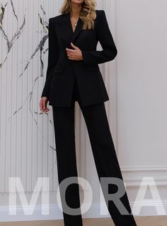 -blazer length along the back 27 1/2 inches or 70 cm -sleeve length 24,4 inches or 62 cm -pants length along the side seam 45,2 inches or 115 cm -inseam length (from the crotch to the bottom) 35,4 inches or 90 cm 2-piece womens blazer trouser suit for office, business meetings, formal events and special occasions. Also perfectly combines with sneakers so after a long and tiring business day you can change you heels to sneakers and still look chic. DETAILS -  straight pants -  high rise -  blazer Black Suit Style Women, Women’s Suits Black, Women’s Black Suit, Black Womens Blazer, Black Business Casual Blazer For Office, Black Office Lady Blazer For Business Casual, Fitted Black Pantsuit For Office, Black Fitted Pantsuit For Office, Black Formal Office Lady Suit