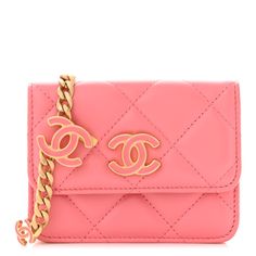 This is an authentic CHANEL Lambskin Enamel Quilted Pending Clutch With Chain in Pink. This crossbody bag is crafted of diamond quilted lambskin leather in pink. The bag features an aged gold chain-link shoulder strap, and a matching gold and enameled Chanel CC logo on the crossover flap. This opens to a compact pink fabric interior with card slots, flat pockets and a zipper compartment. Designer Quilted Leather Wallet On Chain, Chanel Chain Bag, Chanel Crossbody, Pearl Clutch, Quilted Wallet, Chanel Shoulder Bag, Girly Bags, Pink Chanel, Chanel Wallet